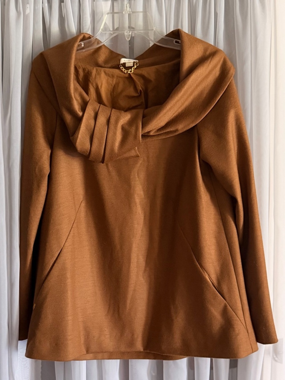 Elijah 100% Virgin Lana Wool Chestnut Brown Draped Collar Coatigan XS